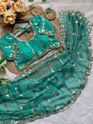 Emerald Green Color embroidery sequence Work Silk Blend Saree 5