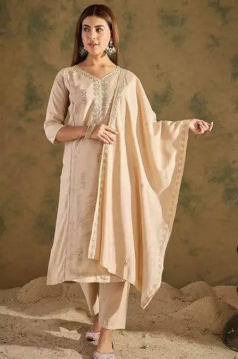 Floral embroidered silk blend v neck kurta trouser & dupatta set