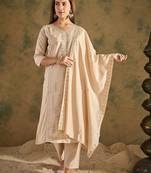 Floral embroidered silk blend v neck kurta trouser & dupatta set