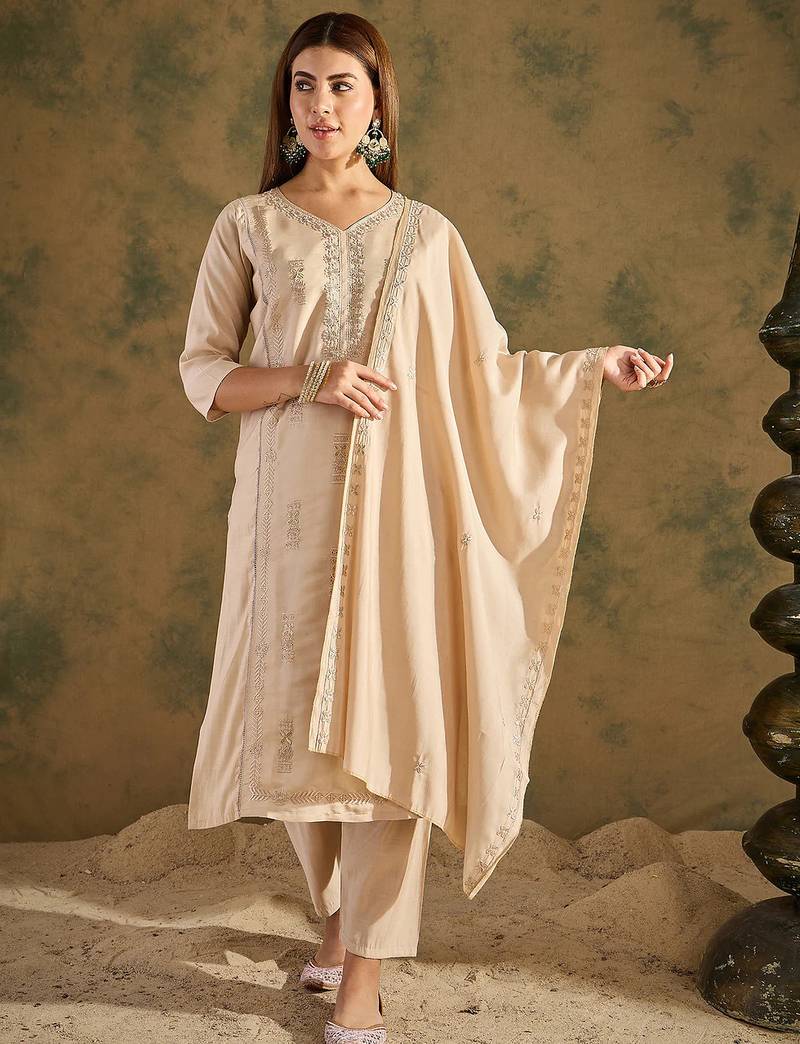 Floral embroidered silk blend v neck kurta trouser & dupatta set