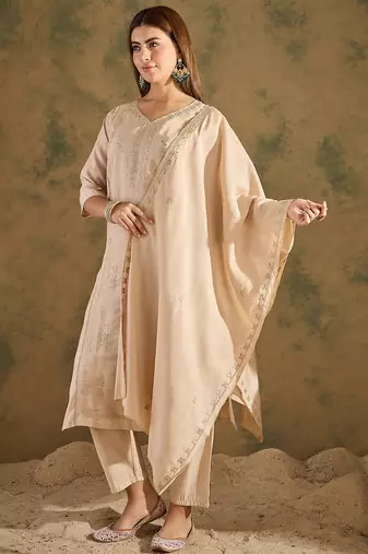Floral embroidered silk blend v neck kurta trouser & dupatta set