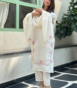 Floral embroidered silk blend v neck kurta trouser & dupatta set