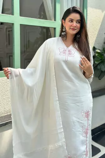 Floral embroidered silk blend v neck kurta trouser & dupatta set