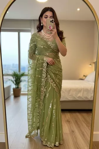 Light Green Color embroidery sequence Work Silk Blend Saree