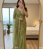 Light Green Color embroidery sequence Work Silk Blend Saree