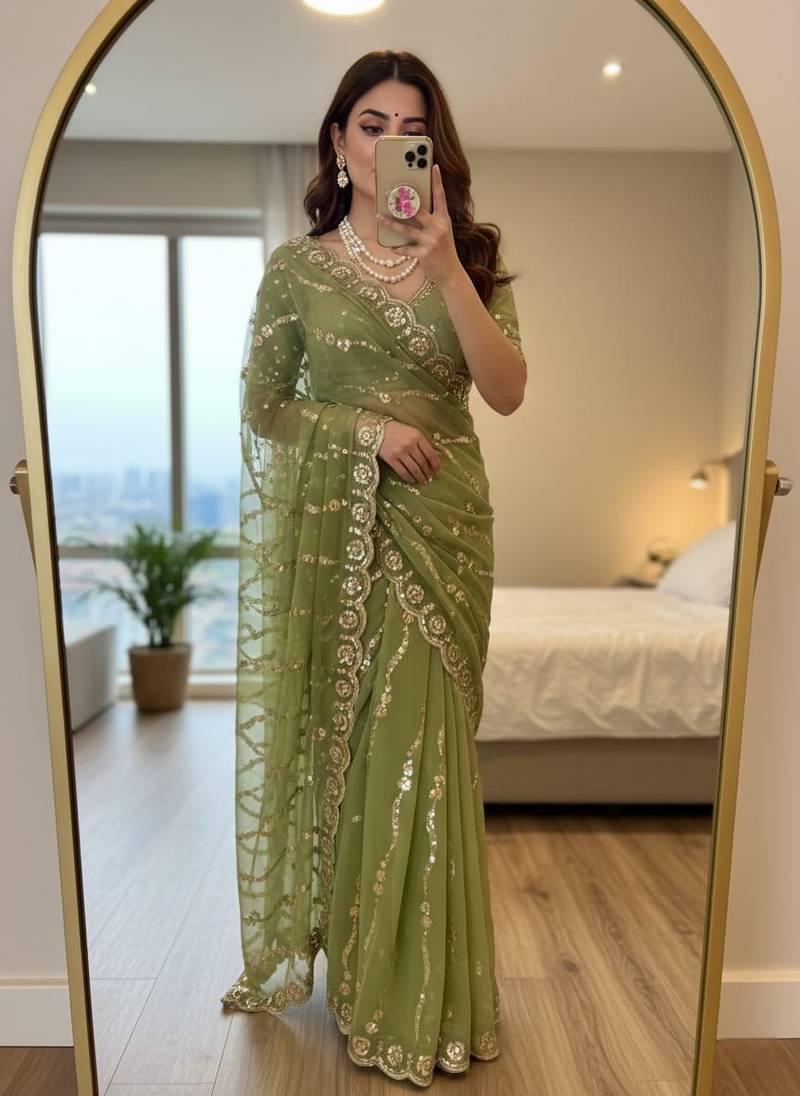 Light Green Color embroidery sequence Work Silk Blend Saree