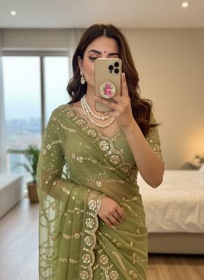 Light Green Color embroidery sequence Work Silk Blend Saree 2