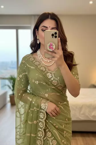 Light Green Color embroidery sequence Work Silk Blend Saree