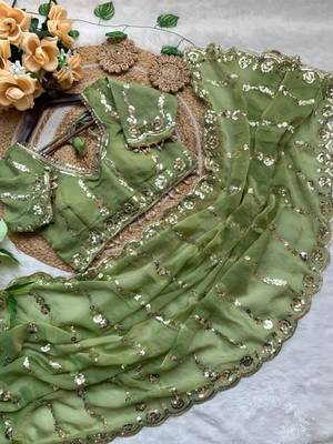 Light Green Color embroidery sequence Work Silk Blend Saree 4