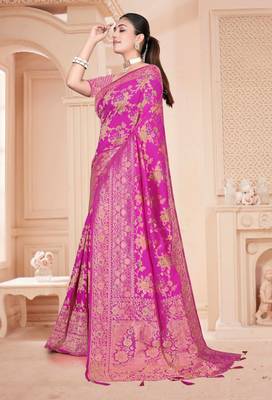 Royal Pink Satin silk blend Saree with Gold Zari Meena Weaving Work  1