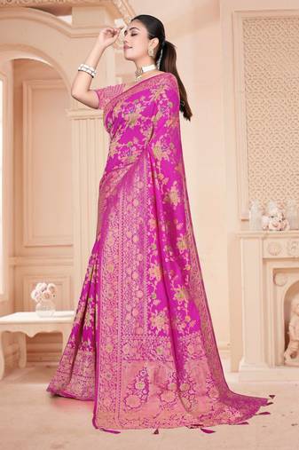Royal Pink Satin silk blend Saree with Gold Zari Meena Weaving Work 
