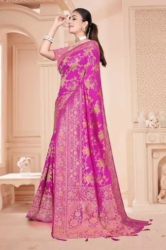 Royal Pink Satin silk blend Saree with Gold Zari Meena Weaving Work 
