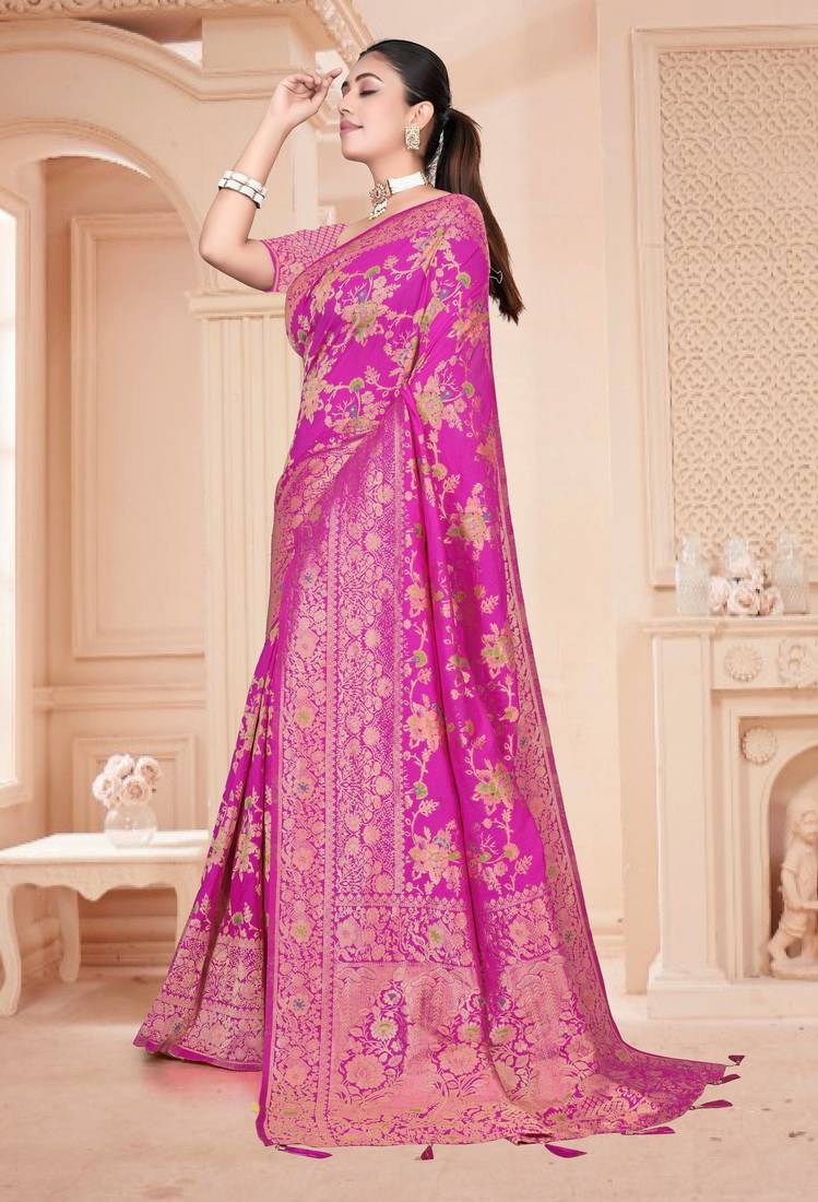 Royal Pink Satin silk blend Saree with Gold Zari Meena Weaving Work 
