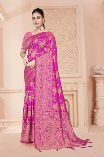Royal Pink Satin silk blend Saree with Gold Zari Meena Weaving Work 