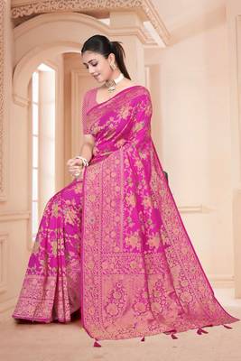 Royal Pink Satin silk blend Saree with Gold Zari Meena Weaving Work  3