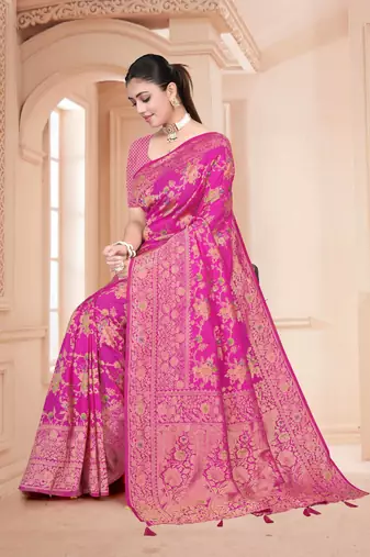 Royal Pink Satin silk blend Saree with Gold Zari Meena Weaving Work 