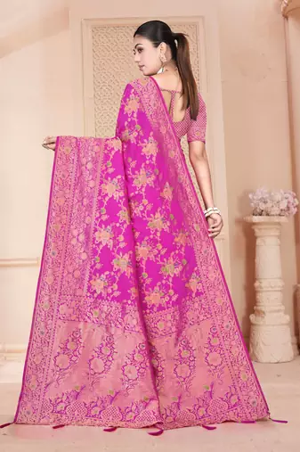 Royal Pink Satin silk blend Saree with Gold Zari Meena Weaving Work 