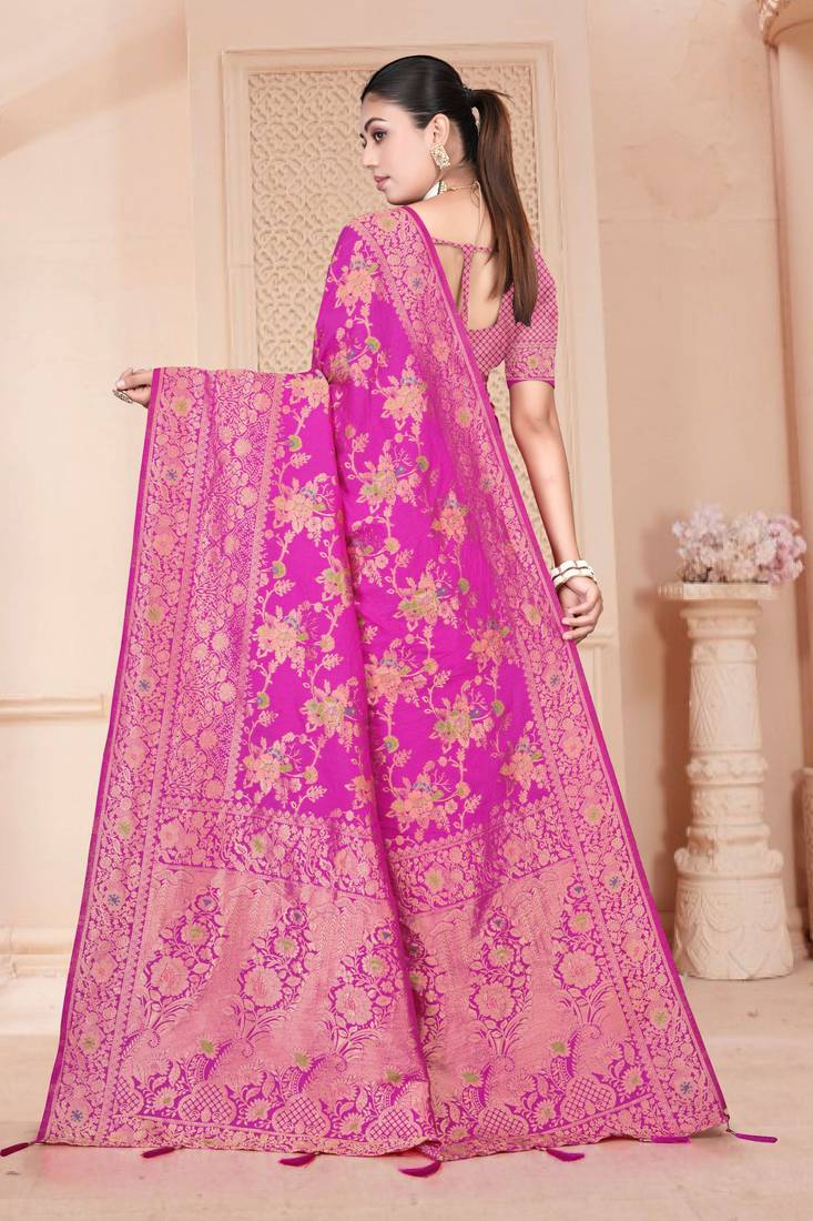 Royal Pink Satin silk blend Saree with Gold Zari Meena Weaving Work 