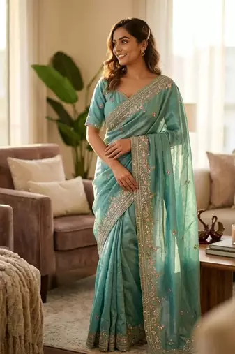 sky blue sequin and multi thread embroidery silk blend saree