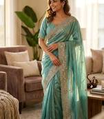 sky blue sequin and multi thread embroidery silk blend saree