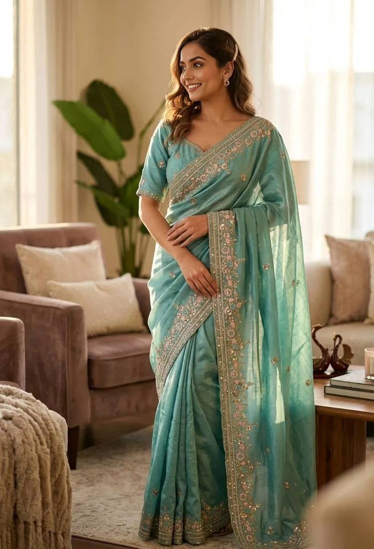 sky blue sequin and multi thread embroidery silk blend saree