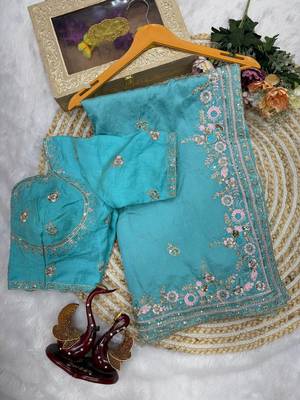 sky blue sequin and multi thread embroidery silk blend saree 4