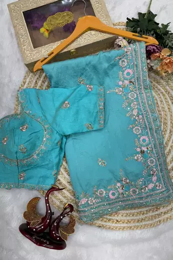 sky blue sequin and multi thread embroidery silk blend saree