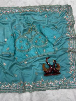 sky blue sequin and multi thread embroidery silk blend saree 5