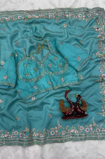 sky blue sequin and multi thread embroidery silk blend saree