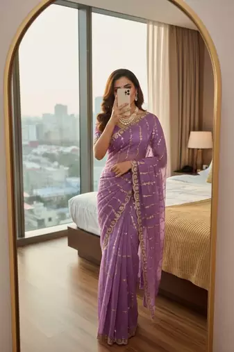 Lavender Color embroidery sequence Work Silk Blend Saree