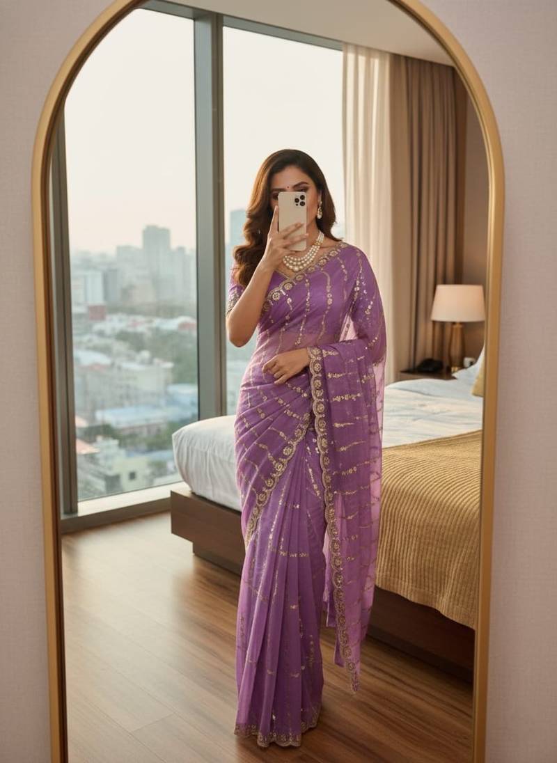 Lavender Color embroidery sequence Work Silk Blend Saree