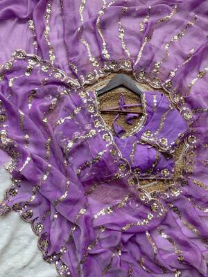 Lavender Color embroidery sequence Work Silk Blend Saree 3