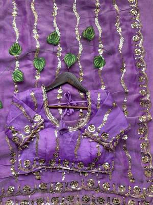 Lavender Color embroidery sequence Work Silk Blend Saree 4