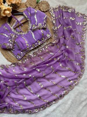 Lavender Color embroidery sequence Work Silk Blend Saree 5