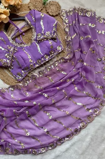 Lavender Color embroidery sequence Work Silk Blend Saree