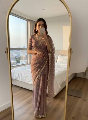 Mauve Color embroidery sequence Work Silk Blend Saree 1
