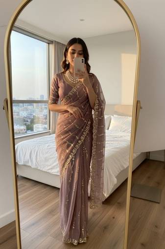 Mauve Color embroidery sequence Work Silk Blend Saree