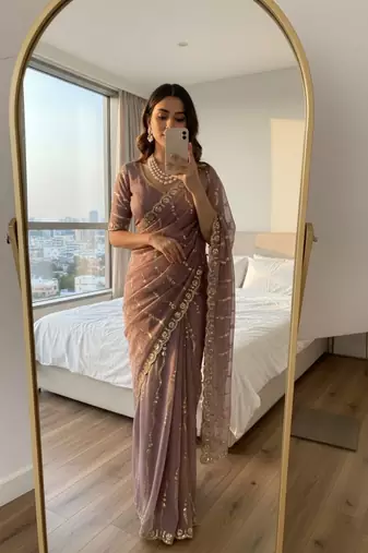 Mauve Color embroidery sequence Work Silk Blend Saree