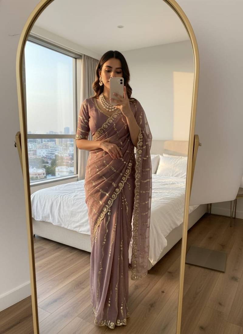 Mauve Color embroidery sequence Work Silk Blend Saree