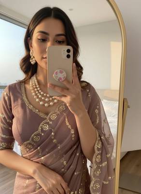 Mauve Color embroidery sequence Work Silk Blend Saree 2