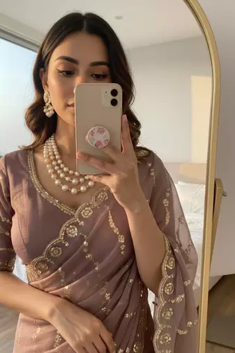 Mauve Color embroidery sequence Work Silk Blend Saree