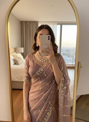 Mauve Color embroidery sequence Work Silk Blend Saree 3