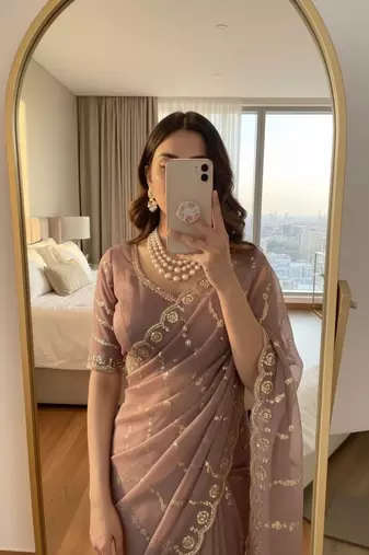 Mauve Color embroidery sequence Work Silk Blend Saree