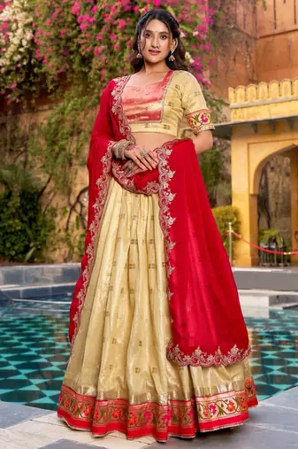 Glamorous Golden Zari Weaving Silk Navratri Wear Lehenga Choli