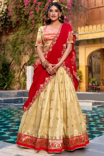 Glamorous Golden Zari Weaving Silk Navratri Wear Lehenga Choli