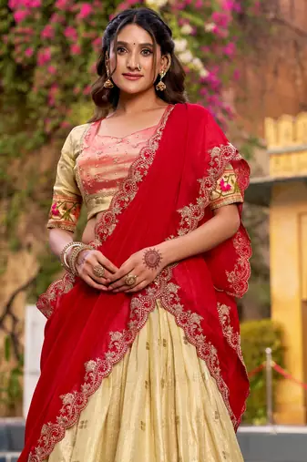 Glamorous Golden Zari Weaving Silk Navratri Wear Lehenga Choli