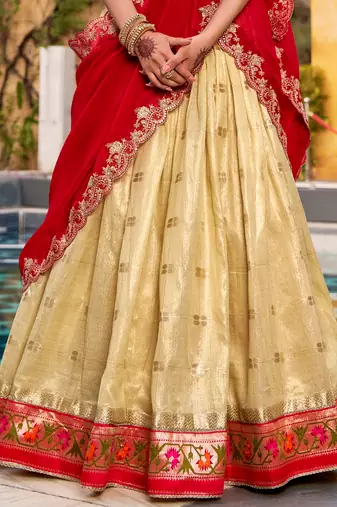 Glamorous Golden Zari Weaving Silk Navratri Wear Lehenga Choli