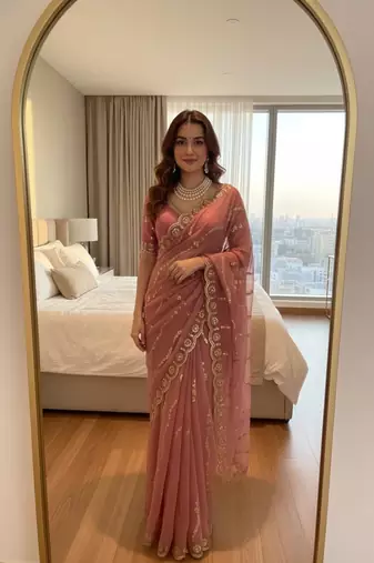 Onion Pink Color embroidery sequence Work Silk Blend Saree