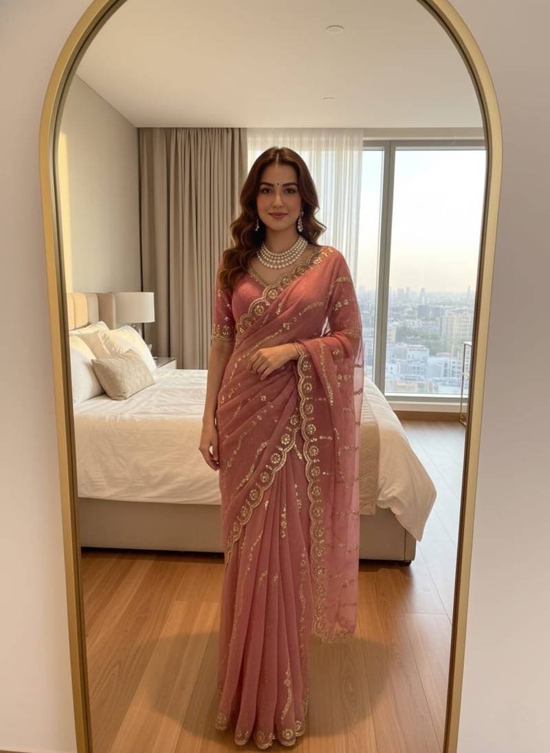 Onion Pink Color embroidery sequence Work Silk Blend Saree