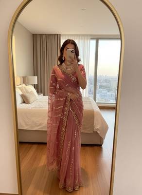 Onion Pink Color embroidery sequence Work Silk Blend Saree 2